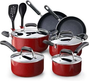 Набір кухонного посуду Cook N Home 2601 з антипригарним покриттям, мармур, алюміній, червоний (Marble Red)