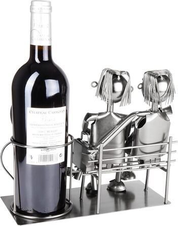BRUBAKER Bottle Holder Men Loving Couple on Bench - Wine Bottle Holder Man + Man Silver - Bottle Stand Metal Figure Love - Metal Sculpture Gift for Married Couples with Gift Card