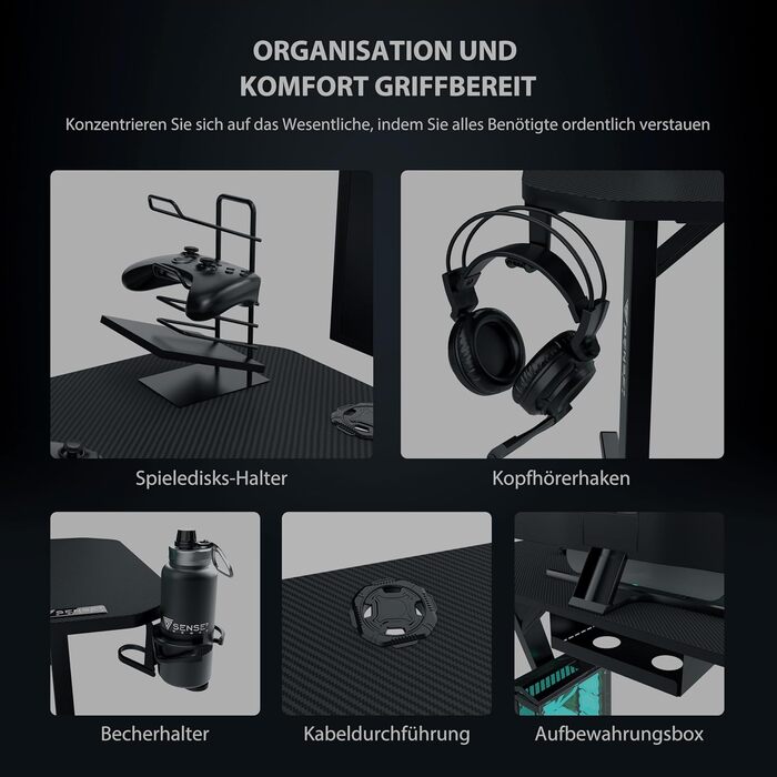 Ігровий стіл SENSE7 Ergonomic для ПК з поверхнею з вуглецевого волокна, 100x50 см, Basic