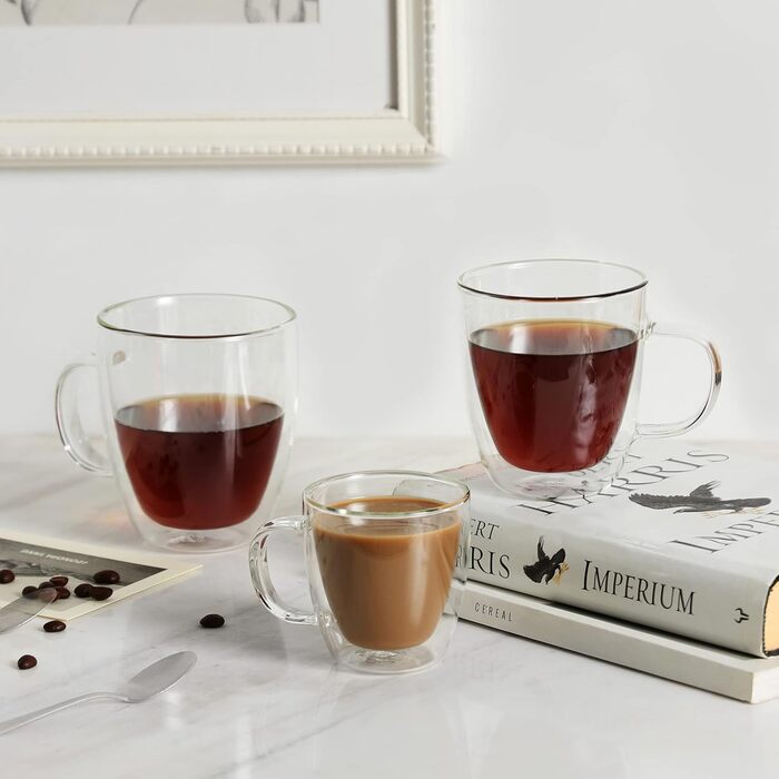 CNGLASS Double-Walled Espresso Cups 160ml/5.4oz, Insulated Coffee Glasses 6-Piece Set, Clear Cups with Handles, Tea Cups for Cold and Hot Drinks