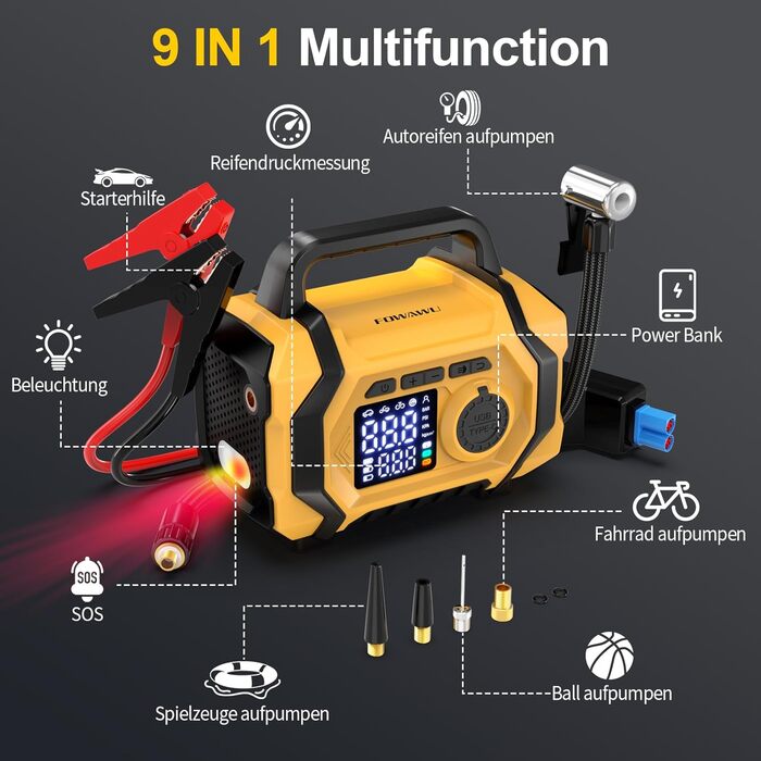 Портативний пусковий пристрій FOWAWU 9-в-1 з компресором, акумулятор 6000A, 26800mAh, 150psi, автовимкнення