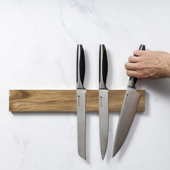 Coninx Magnetic Knife Strip Wood 40cm | Kitchen Knife, Magnetic Knife Holder with Extra Strong Magnet | Magnetic Knife Block, Stainless Steel Cladded Acacia Wood | Magnetic Strip Wall Mounting