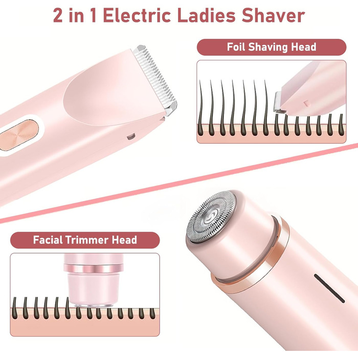 Електричний жіночий епілятор 2-в-1, водонепроникний, для обличчя, тіла, ніг, бікіні (рожевий)