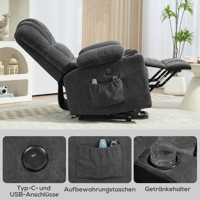 HOMCOM Electric Recliner with Rise Function, TV Chair with Lie-flat, Heating, and Massage Functions, TV Chair with Type-C and USB Ports, Cup Holders, Dark Grey | Aosom