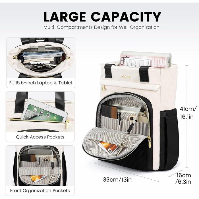 LOVEVOOK Рюкзак для ноутбука жіночий Елегантний 15.6 дюймів 2-в-1 Сумка-рюкзак Водонепроникний для дівчат, підлітків з відділенням для ноутбука, жіночий рюкзак, повсякденна сумка для універу, школи, подорожей, роботи, 15.6', Бежевий, Чорний