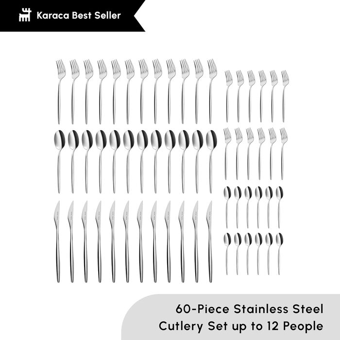 Karaca Lisbon Cutlery Set with Box Set, 60-Piece, for 12 People, 18/10 Stainless Steel Cutlery Set, Dishwasher Safe, Perfect for Everyday Use, Premium Quality