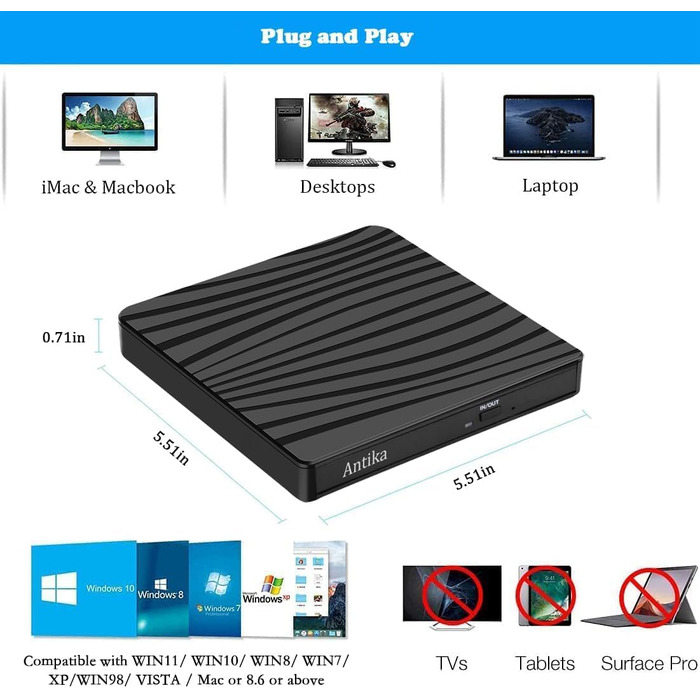 Зовнішній DVD-накопичувач Antika USB 3.0 Type-C, портативний CD/DVD бренер для ноутбука та ПК (Windows, macOS), чорний