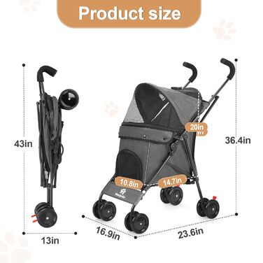 Візок для тварин Wedyvko Reisebuggy, легкий, для кошенят та цуценят до 15 кг, сірий