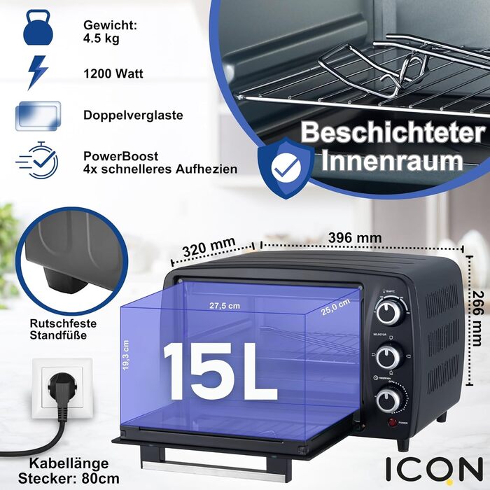 Міні-піч ICQN 50L з конвекцією, 1800 Вт, підсвічуванням, 5 функцій, таймер 60 хв, комплект деко, міні-печі (15 л)
