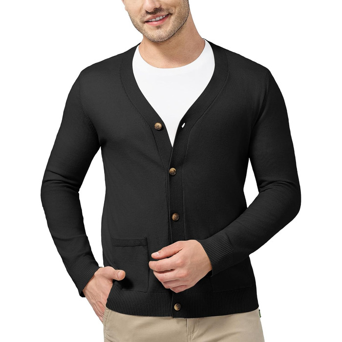 Чоловічий светр з V-подібним вирізом KUYIGO, чорний, з довгими рукавами та кишенями, розмір M-3XL