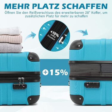 Валіза COOLIFE з жорстким корпусом, розширювана, з TSA-замком та 4 колесами, ABS, блакитно-зелений, ручна/великі розміри (набір 2 шт: M + L)