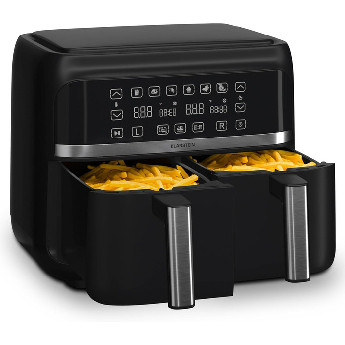 Klarstein Air Fryer, Dual Chamber Hot Air Fryer, 2850W Compact Air Fryer, 7.6L Air Fryer with Touch Control Panel, Timer, Preheat, 6 Modes, Large Hot Air Fryer, Air Fryer XL Black Duo Basic