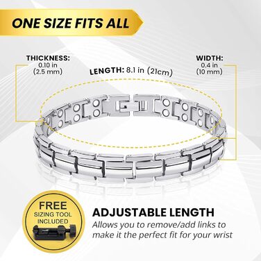 Браслет на руку з титану MagnetRX® Ultrastarkes для жінок – Магнітний браслет з титану, регульований розмір, інструмент для визначення розміру, сріблястий