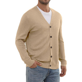 Чоловічий в'язаний кардиган вінтажного стилю з ґудзиками, з довгим рукавом, V-подібний виріз, легкий та теплий на осінь/зиму, бежевий, розмір M