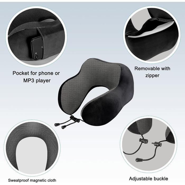 Подушка для шиї Eono з Memory Foam, ергономічна, для подорожей, з маскою для сну та навушниками, чорна