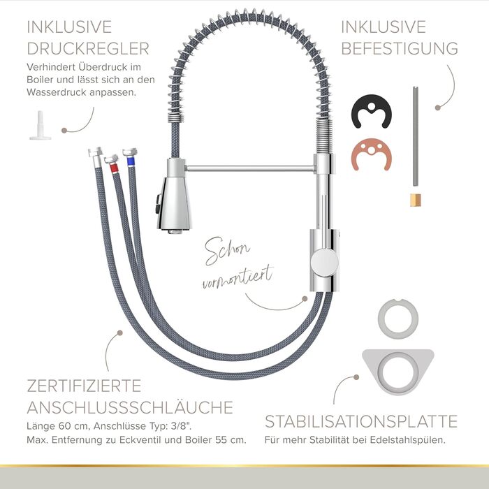 Кухонний змішувач Lenz KALANI² в стилі - з регульованою поливальною насадкою - проста установка та якісна обробка - 46070322 (Низький тиск, Хром)