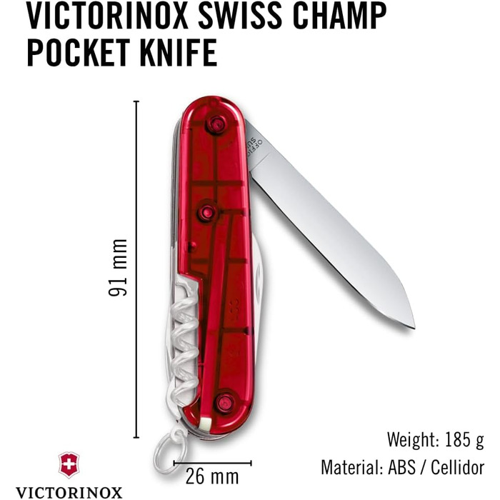 Мультитул Victorinox Swiss Champ: 33 функції, ніж, коркомаг, викрутка (прозорий червоний)