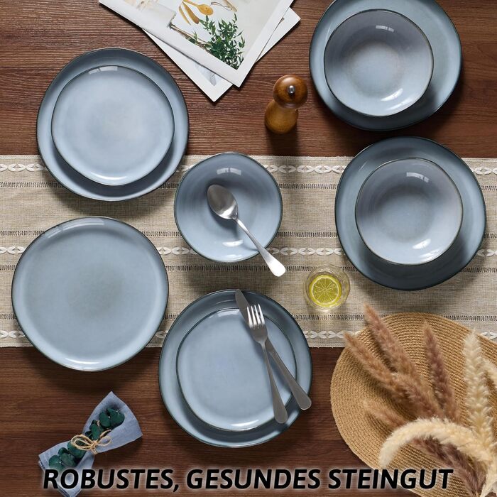 Сервіз Joyfair на 6 осіб, 18 предметів, керамічний, з тарілками для їжі, десерту та каші, безпечний для мікрохвильовки та посудомийної машини, колір: реактивний синій