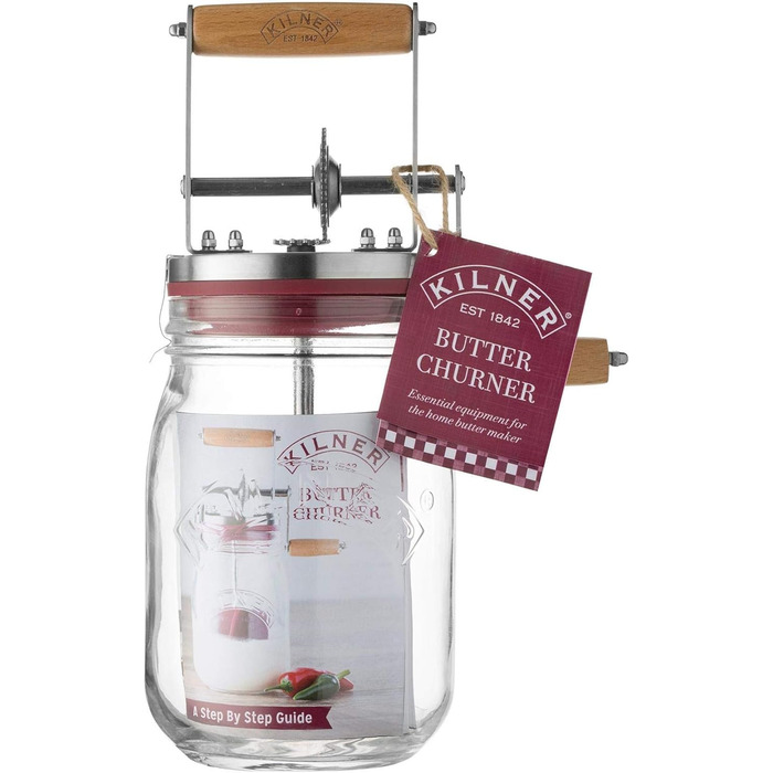 Kilner Butter Churn with Crank Handle made of Glass, Stainless Steel, and Wood in Silver-Dark Red-Brown 1L, 0025.348