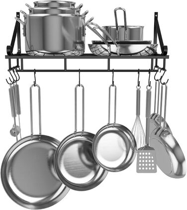 K-1121 60 CM Black Large Kitchen Shelf, Wall Shelf for Pots, Pans, and Utensils, Hanging Shelf with 10 Hooks