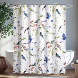 Штора для душу 180x180 см з квітами, антигрибкова, водонепроникна, швидковисихаюча, поліестер, з 12 кільцями (пташки)