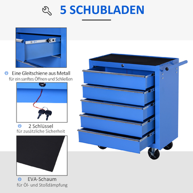 HOMCOM Mobile Tool Cart Tool Wagon Rolling Cart Tool Box with 5 Drawers Blue