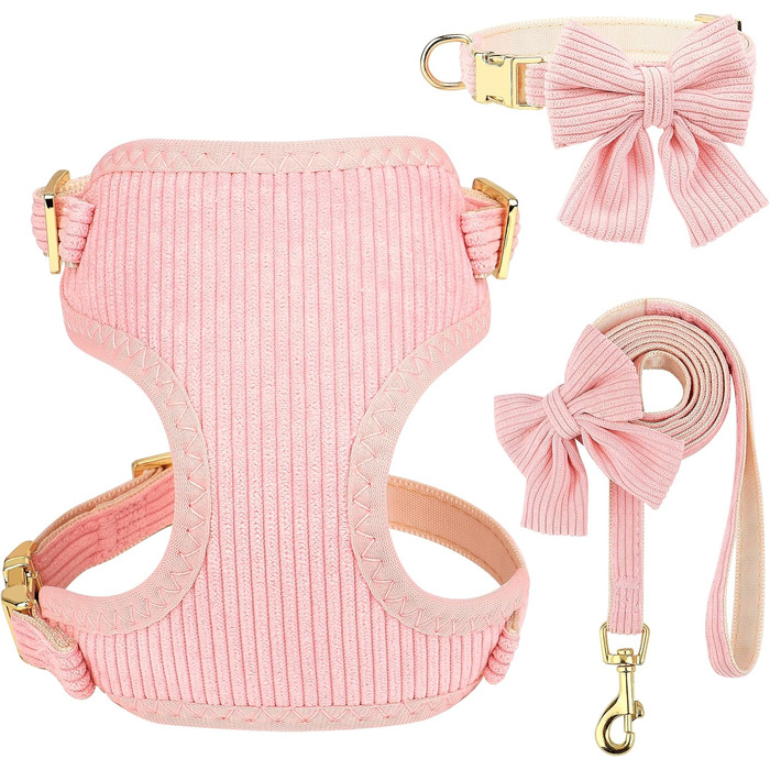 Didog Sweet Collar Harness and Leash Set for Small Dogs, Adjustable Collars and Leashes with Bow Tie, Breathable Soft Mesh Padding for Small Dogs When Walking, Pink, S
