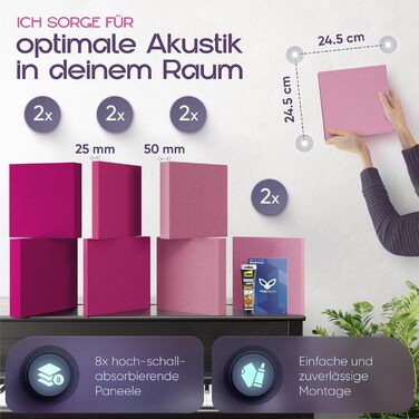 Акустичні панелі для звукопоглинання 3D, набір 8 шт, квадратні стінові панелі з градієнтом 'Sunny Shades' / 'Magnolia Shades', виготовлено в ЄС