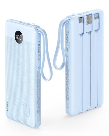 Power Bank VRURC 10000mAh з 4 кабелями: портативний акумулятор USB-C для iPhone, Huawei, Samsung та Android (синій)