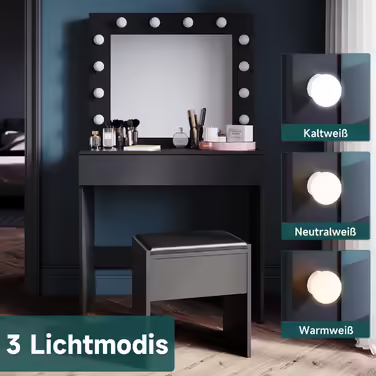 Туалетний столик SONNI з LED-підсвіткою, дзеркалом HD, 3 кольори, 10 рівнів яскравості, з шухлядами, чорний, 80x40x140 см – косметичний стіл для спальні