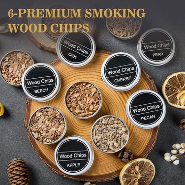 Набір для димування коктейлів та віскі – 6 видів деревини, ліхтарик, генератор диму (без бутану) – покращений нагрівач, 2 форми для льоду, 6 гранітних каменів