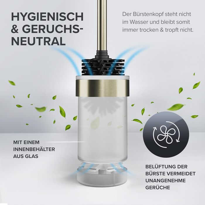 Набір для чищення унітазу Ovimar Finnkona: щітка, кріплення на стіну без свердління, силіконова щітка, вентиляція, нержавіюча сталь з порошковим покриттям, змінний насадок (золотий, клейкий)