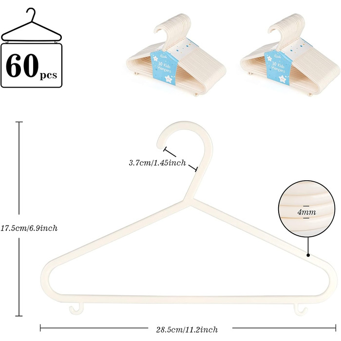 60 шт. вішалки для дитячого одягу ilauke з антиковзаючою поверхнею, безпечні для дітей, з пластику (28,5 см, бежеві). Підходять для T-shirt, светрів, ідеальні для дитячих шаф та дитячих товарів.