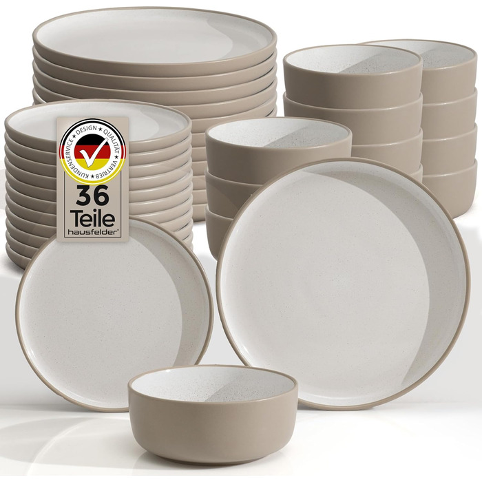 Набір посуду Hausfelder на 8 осіб (32 елементи) – тарілки, миски, чашки. Сучасний сервіз з кераміки, стійкий до миття в посудомийній машині (Nordic Sand)