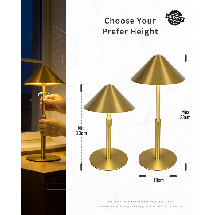 Нічник бездротовий акумуляторний Wiederaufladbare для вітальні, спальні, їдальні - Gold (латунь) з лампочкою, димуванням, сенсорним керуванням, 3-в-1