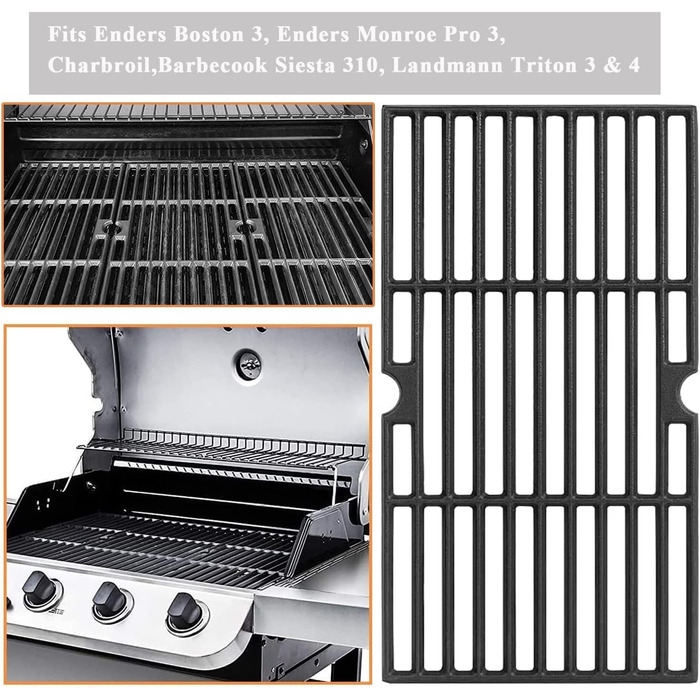 Чавунна решітка GFTIME 43x63 см для грилів Enders Boston 3, Monroe Pro 3, Charbroil, Barbecook Siesta 310, Landmann Triton 3/4, Proficook PC-GG 1058/1059, набір 3 шт. – змінна решітка для барбекю