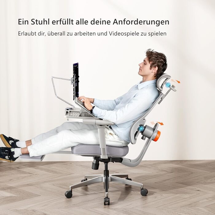 Офісне крісло Newtral MAGICH-PRO з підніжкою, ергономічне, з динамічною підголівником та поперековою підтримкою (сірий)