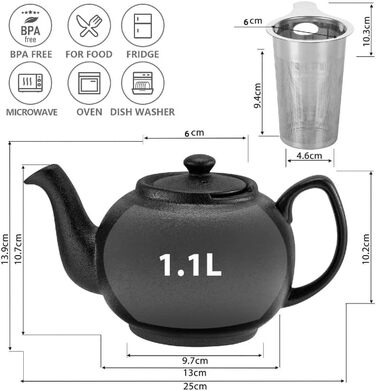 Керамічний чайник Urban Lifestyle LIVERPOOL з ситечком із нержавіючої сталі, 1,1 л, чорний матовий