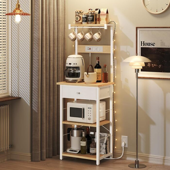 Полиця кухонна з розетками, стелаж для пекаря, підлоговий стелаж, 34 x 48 x 139 см, полиця для мікрохвильовки з ящиками, 4 гачки, для кухні, вітальні, їдальні, чорний/білий ABRHR48UE01
