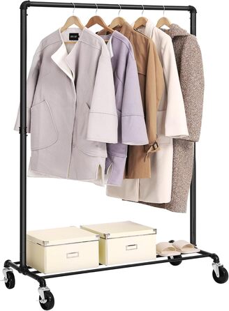SONGMICS Clothes Rack, Garment Rod, with Wheels, Load Capacity up to 90 kg, Coat Rack with 1 Garment Rod and Shelf, Industrial Design, for Bedroom, Laundry Room, Black HSR61BK