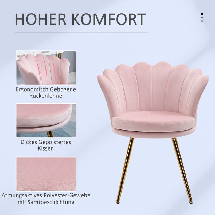 HOMCOM Armchair Living Room Relaxer Lounge Chair with Lotus Shape Upholstered Armchair with Metal Legs, Velvet Look, Single Armchair for Bedroom, Pink | Aosom
