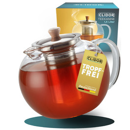 Скляна чайник CLIDOR з ситечком, 1,5 л, посилена товщина скла, сумісний зі стійкою, чайник зі скла, термочайник, міцний чайник, чайник для заварювання (1500 мл)