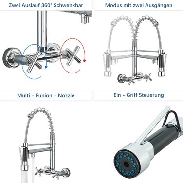 Кухонний змішувач з поворотним виливом 360°, з двома виходами, високий вигин, спіральна пружина, для мийки, брашований нікель (хром)
