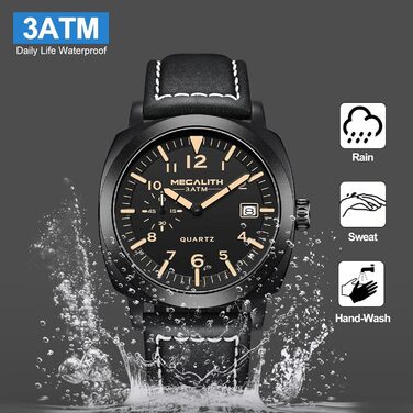 Чоловічий годинник MEGALITH Militär B-6: Водонепроникний годинник з LED-підсвічуванням, календар, сталевий корпус, шкіряний ремінь, кварцовий механізм