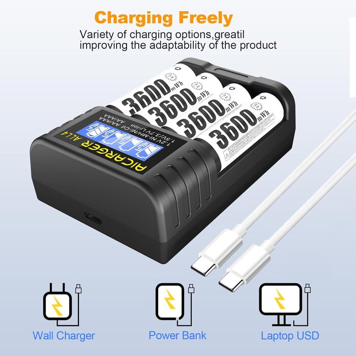Зарядний пристрій для акумуляторів AA/AAA AICARGER з LCD дисплеєм, 4 слоти, 5V/2A, USB-C, 4 x AA 3600mAh в комплекті
