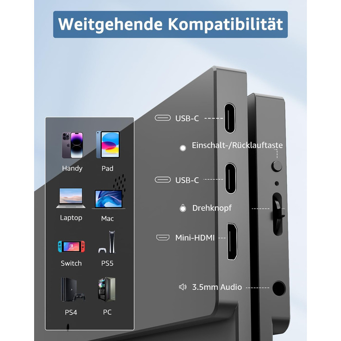 Портативний монітор Yodoit 16' FHD 1920x1200 IPS з USB-C, динаміками та Smart Cover (Чорний)