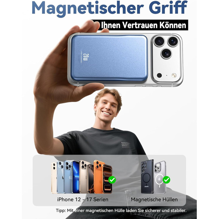 Power Bank MagSafe 10000mAh Dark Blue – Бездротовий магнітний зарядний пристрій для iPhone 15/14/13/12 Pro Max, 20W PD швидка зарядка, USB-C