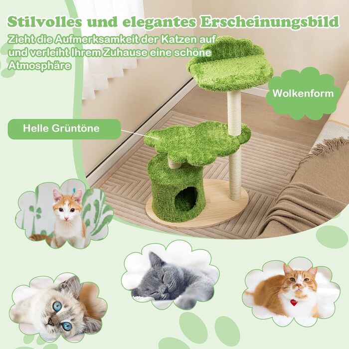 Драбина-кіготь для котів COSTWAY 97 см з печерею та лежанками, зелено-бежева