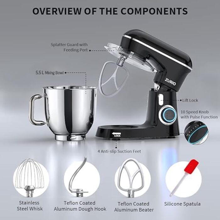 Stand Mixer, 1300W Zurio 5.5L Stand Mixer, 10-Speed Robot Mixer with Quiet Kneading Function, Includes Accessories: Dough Hook, Whisk, Black Mixer