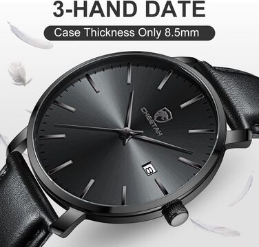 Чоловічий годинник CHEETAH Minimalistische, аналоговий кварц, водостійкий 3 ATM, з шкіряним ремінцем, з датою, спортивний годинник для молоді (Чорний/Чорний)
